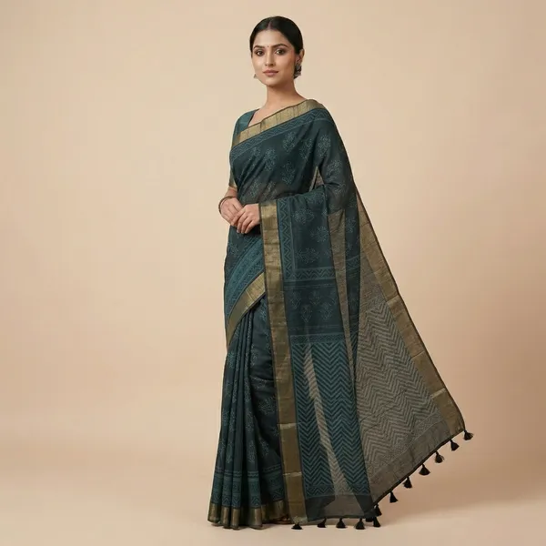 Black_Blue_Semi_Tussar_Printed_Tassel_Saree_For_Women