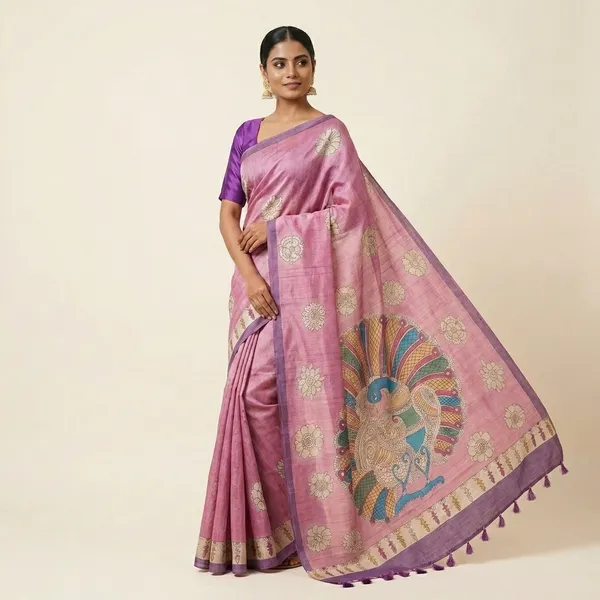 Pink_Semi_Tusser_Hand-Painted_Peacock_Buta_Saree_For_Women