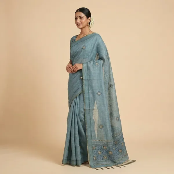 Teal_Blue_Tissue_Linen_Geometric_Embroidered_Saree_For_Women