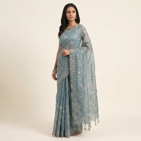 Pastel_Blue_Linen_Tissue_Floral_Embroidered_Golden_Border_Saree_For_Women
