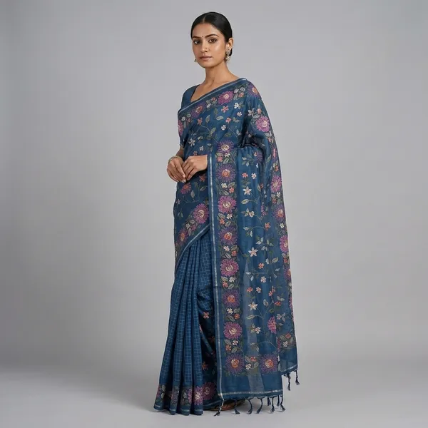 Blue_Tussar_Floral_Embroidered_Saree_For_Women