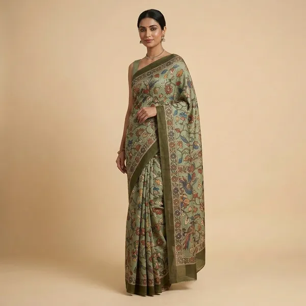 Olive_Green_Tusser_Kalamkari_Paisley_Print_Saree_For_Women