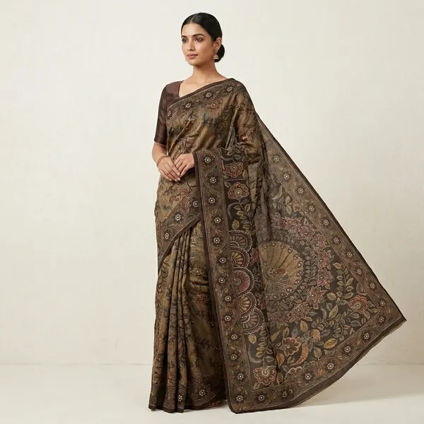 Black_Tusser_Kalamkari_Hand-Painted_Peacock_Saree_For_Women