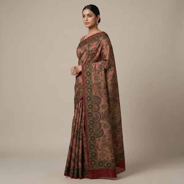 Rust_Orange_Tusser_Kalamkari_Hand-Painted_Saree_For_Women