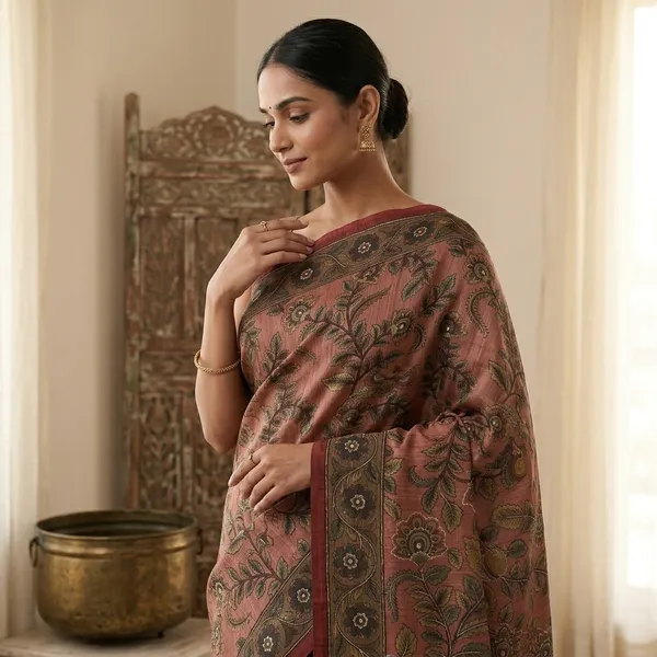 Rust_Orange_Tusser_Kalamkari_Hand-Painted_Saree_For_Women