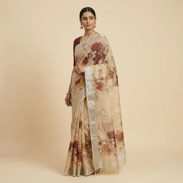 Cream_Pure_Linen_Floral_Print_Fringe_Saree_For_Women