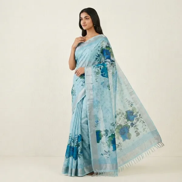 Sky_Blue_Pure_Linen_Floral_Print_Fringed_Saree_For_Women