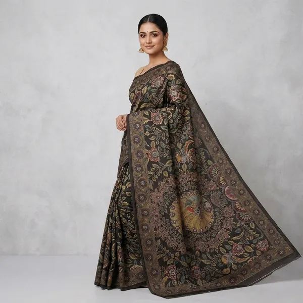 Olive_Green_Tusser_Floral_Print_Saree_For_Women