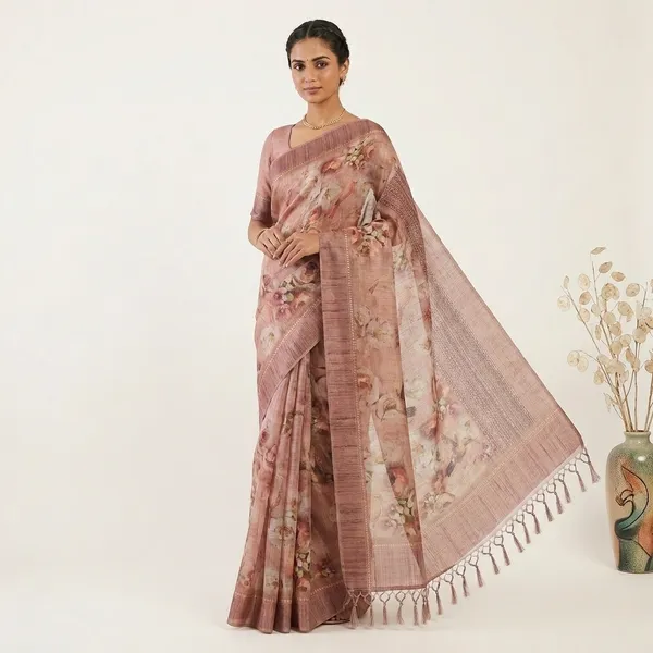 Peach_Pink_Kota_Floral_Print_Tassel_Saree_For_Women
