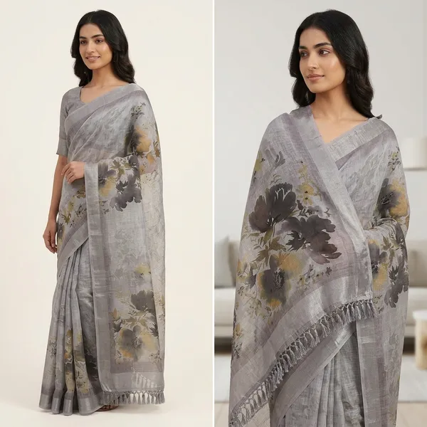 Lavender_Grey_Linen_Floral_Print_Saree_For_Women