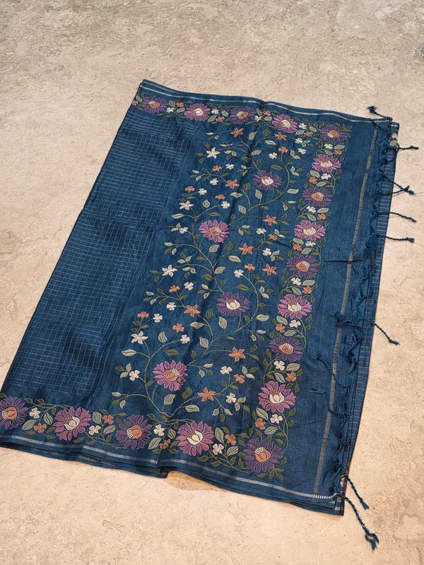 Blue_Tussar_Floral_Embroidered_Saree_For_Women