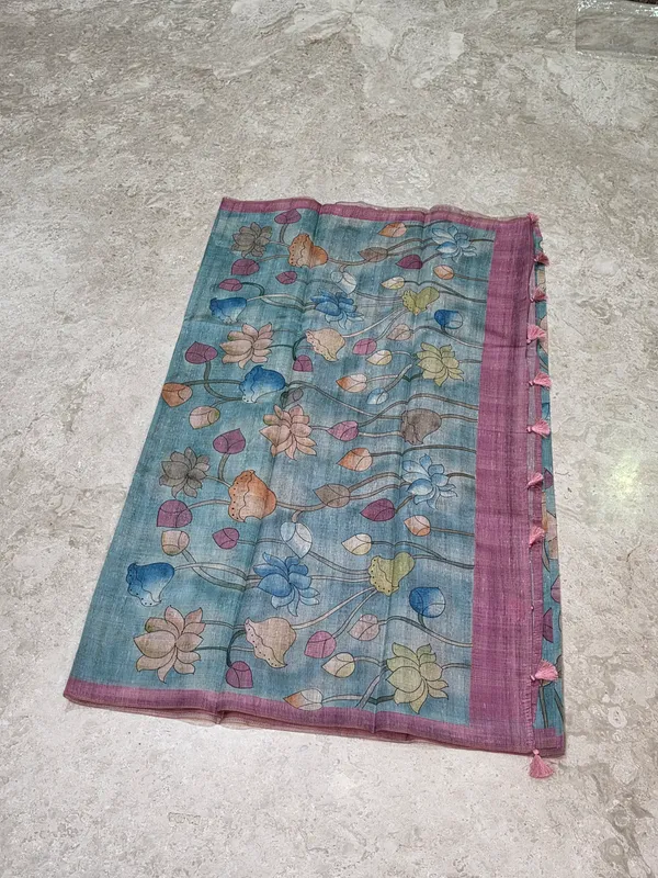 Blue_Semi_Tussar_Floral_Print_Saree_For_Women