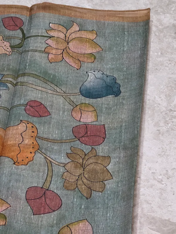 Blue_Grey_Semi_Tusser_Hand-Painted_Lotus_Floral_Saree_For_Women