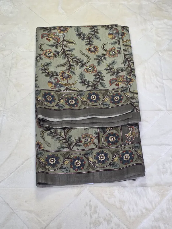Olive_Green_Tusser_Kalamkari_Paisley_Print_Saree_For_Women