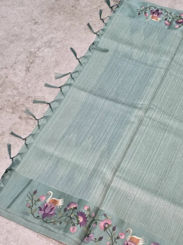 Sage_Green_Tussar_Embroidered_Border_Tassel_Saree_For_Women