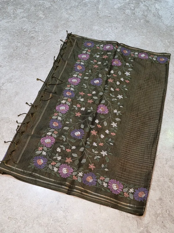 Olive_Green_Tussar_Floral_Embroidered_Saree_For_Women