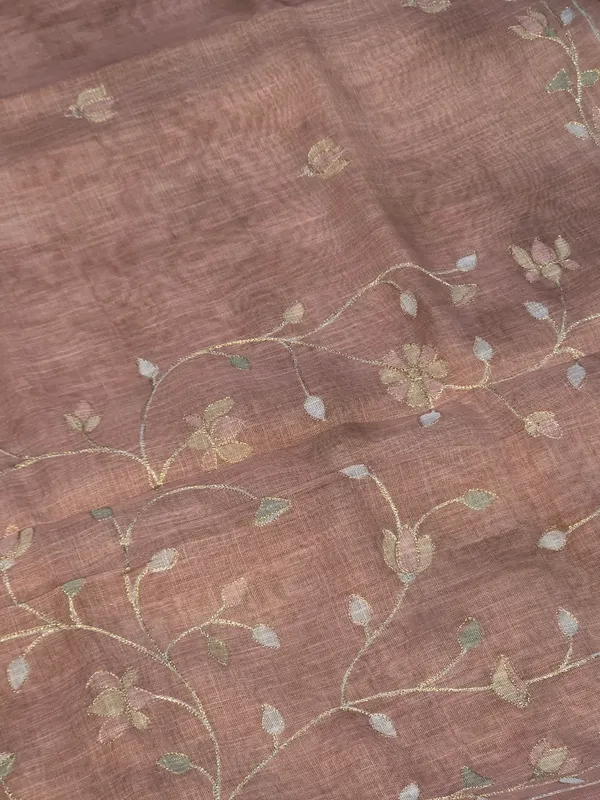Copper_Brown_Tissue_Linen_Floral_Embroidered_Tassel_Saree_For_Women