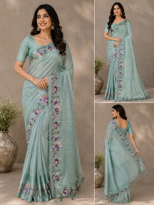 Sage_Green_Tussar_Embroidered_Border_Tassel_Saree_For_Women