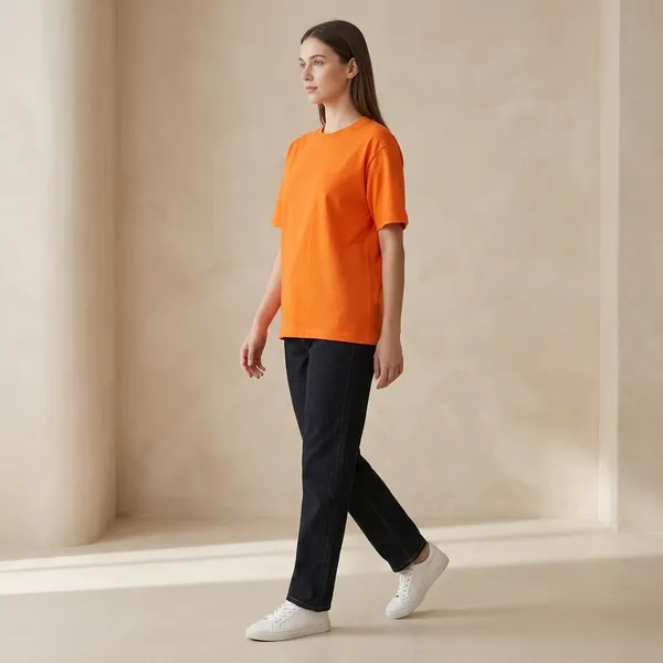 Oversized_Orange_Cotton_Relaxed_Fit_Crew_Neck_T-Shirt_For_Women