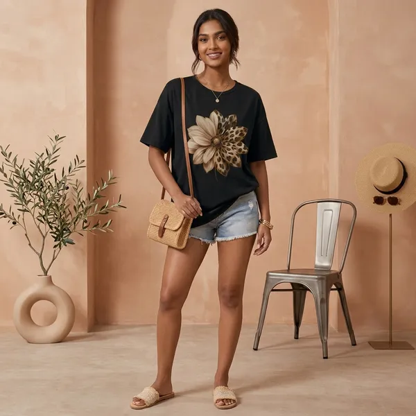 Oversized_Black_Cotton_Floral_Print_T-Shirt_For_Women