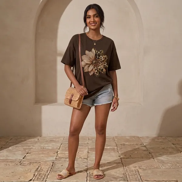 Oversized_Brown_Cotton_Floral_Print_T-Shirt_For_Women