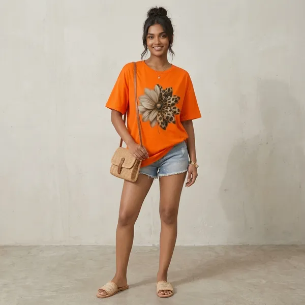 Oversized_Orange_Cotton_Floral_Print_T-Shirt_For_Women