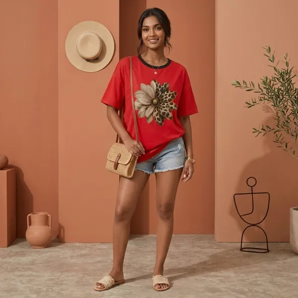 Oversized_Red_Cotton_Floral_Print_T-Shirt_For_Women