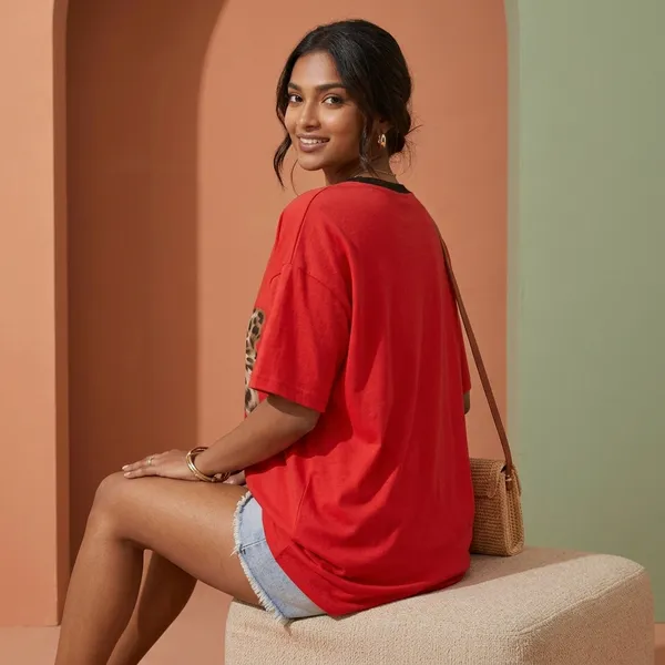 Oversized_Red_Cotton_Floral_Print_T-Shirt_For_Women