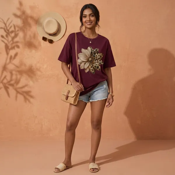 Oversized_Maroon_Cotton_Floral_Print_T-Shirt_For_Women