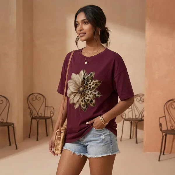 Oversized_Maroon_Cotton_Floral_Print_T-Shirt_For_Women
