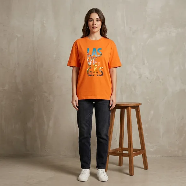 Oversized_Orange_Cotton_Relaxed_Fit_Las_Vegas_Graphic_Print_T-Shirt_For_Women
