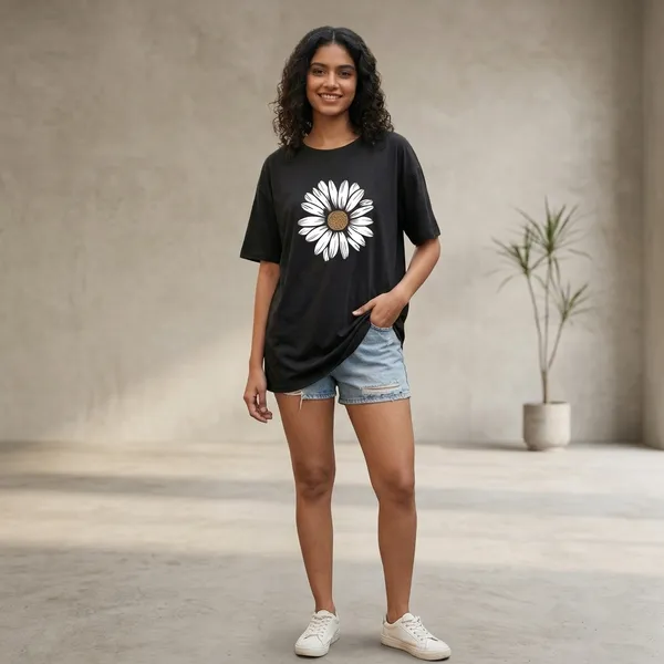 Oversized_Black_Cotton_Daisy_Print_T-Shirt_For_Women