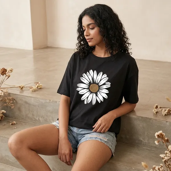 Oversized_Black_Cotton_Daisy_Print_T-Shirt_For_Women