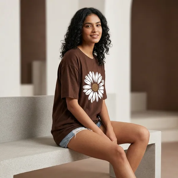 Oversized_Brown_Cotton_Daisy_Print_T-Shirt_For_Women
