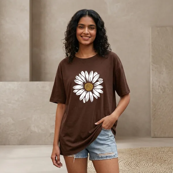 Oversized_Brown_Cotton_Daisy_Print_T-Shirt_For_Women