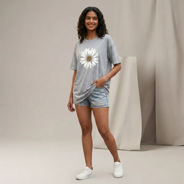 Oversized_Grey_Cotton_Daisy_Print_T-Shirt_For_Women