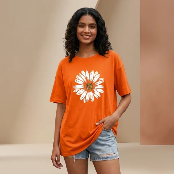 Oversized_Orange_Cotton_Daisy_Print_T-Shirt_For_Women