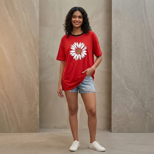 Oversized_Red_Cotton_Sunflower_Print_T-Shirt_For_Women