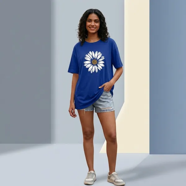 Oversized_Royal_Blue_Cotton_Floral_Print_T-Shirt_For_Women