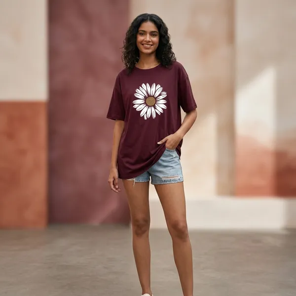 Oversized_Maroon_Cotton_Daisy_Graphic_Print_T-Shirt_For_Women
