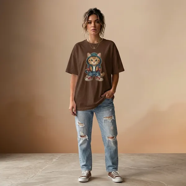 Oversized_Brown_Cotton_Cat_Graphic_T-Shirt_For_Women