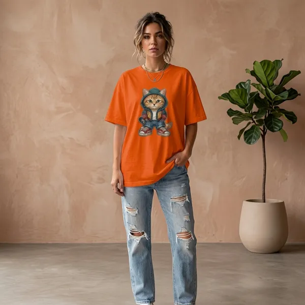 Oversized_Orange_Cotton_Cat_Graphic_Print_T-Shirt_For_Women