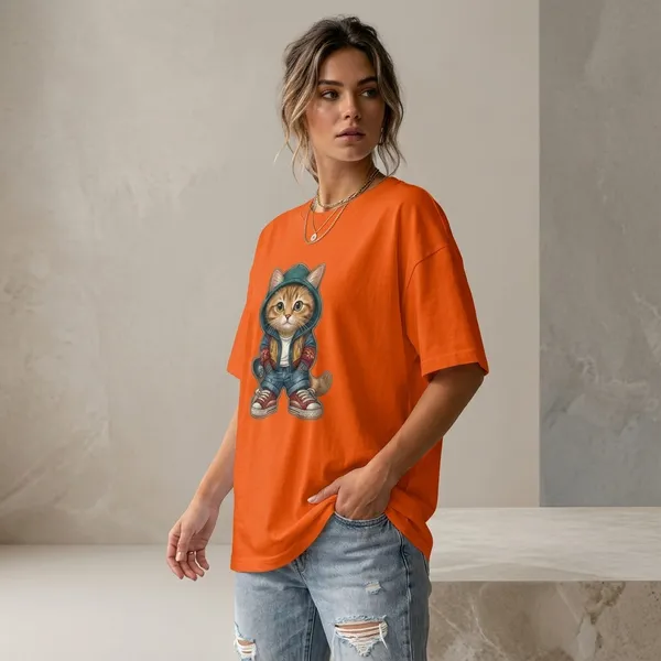 Oversized_Orange_Cotton_Cat_Graphic_Print_T-Shirt_For_Women
