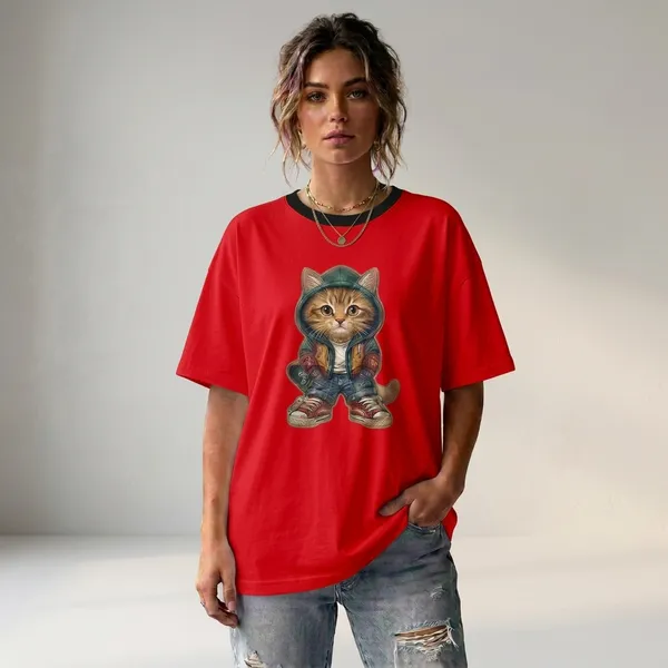 Oversized_Red_Cotton_Cat_Graphic_Print_T-Shirt_For_Women