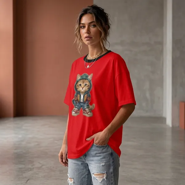 Oversized_Red_Cotton_Cat_Graphic_Print_T-Shirt_For_Women