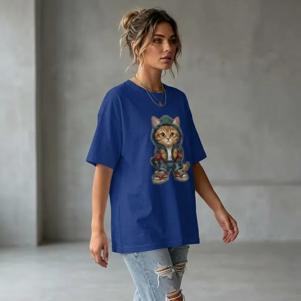 Oversized_Royal_Blue_Cotton_Cat_Graphic_T-Shirt_For_Women