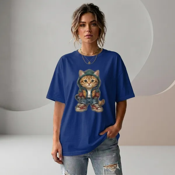 Oversized_Royal_Blue_Cotton_Cat_Graphic_T-Shirt_For_Women