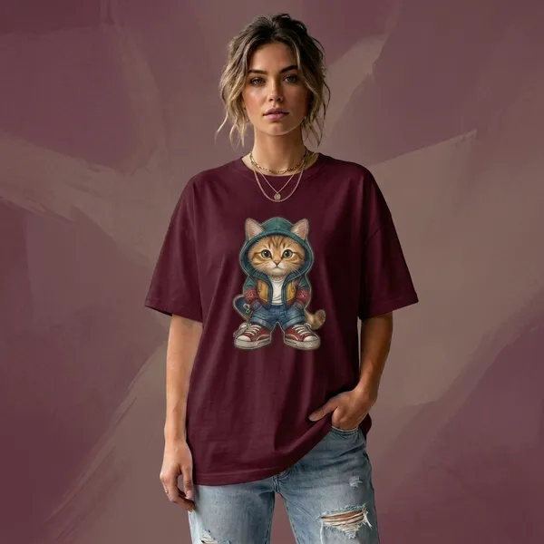 Oversized_Maroon_Cotton_Cat_Graphic_Print_T-Shirt_For_Women