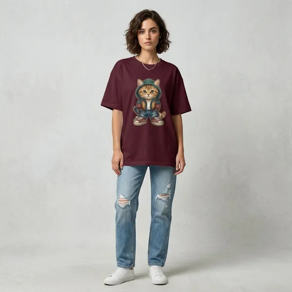 Oversized_Maroon_Cotton_Cat_Graphic_Print_T-Shirt_For_Women