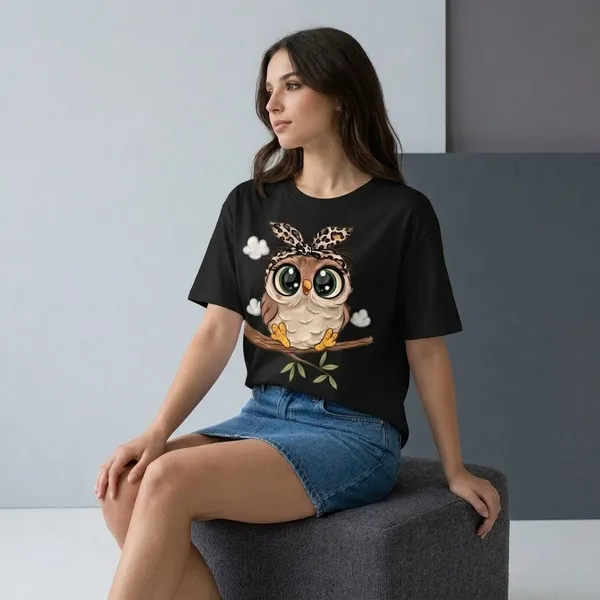 Oversized_Black_Cotton_Relaxed_Fit_Owl_Print_T-Shirt_For_Women